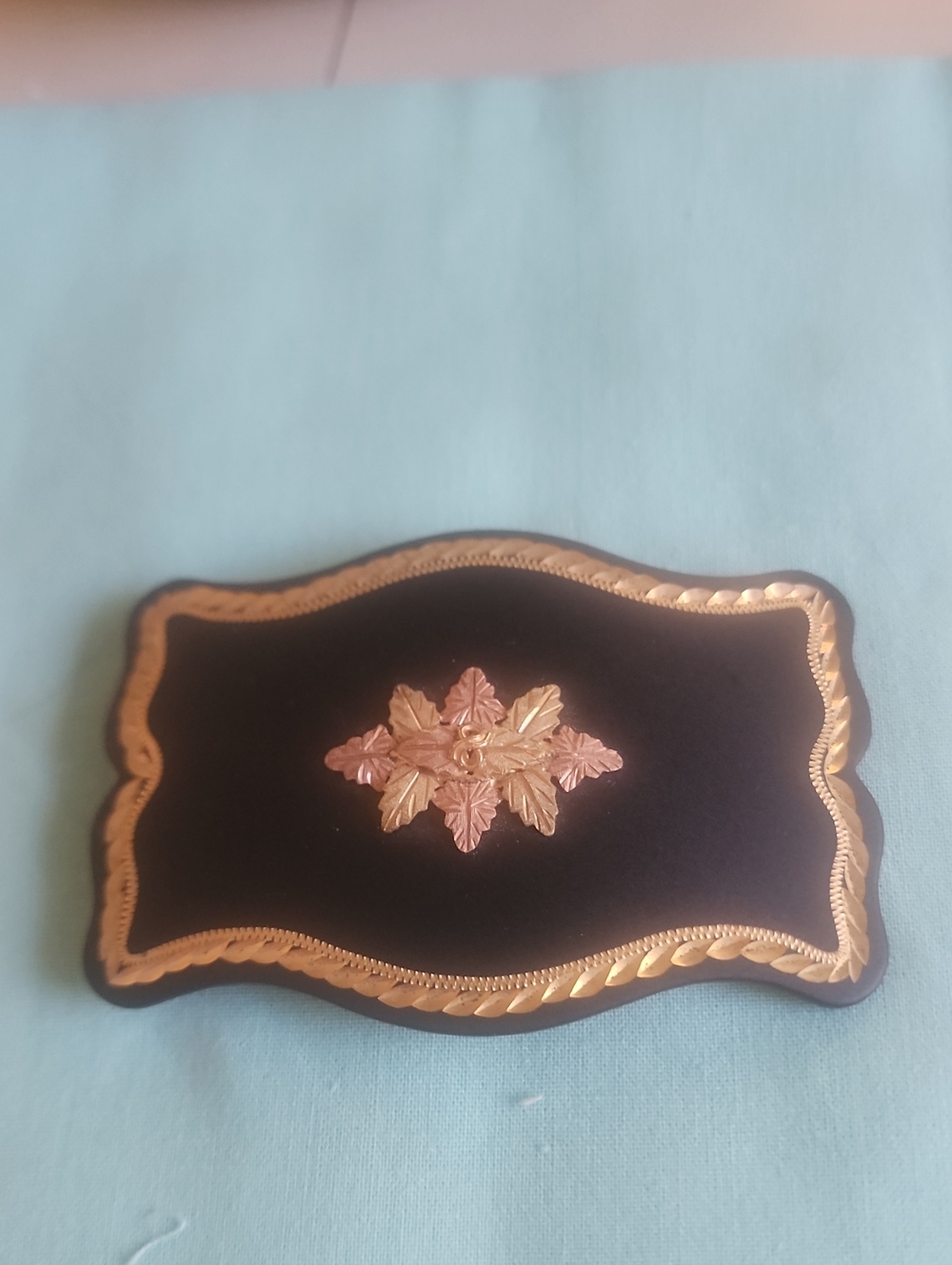 Black Hills Gold Belt Buckle Black, Yellow & Rose Gold Floral Accent